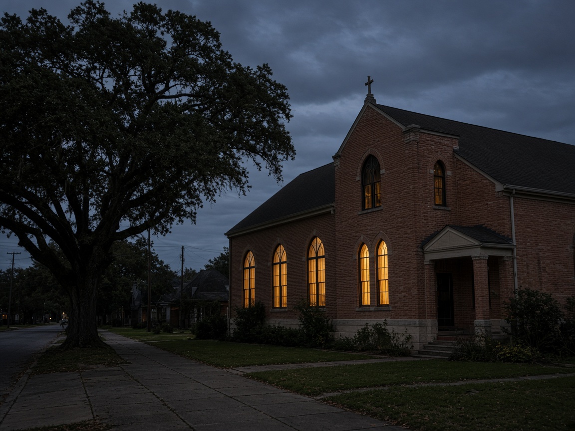 The church building on a quiet Brownwood street at dusk