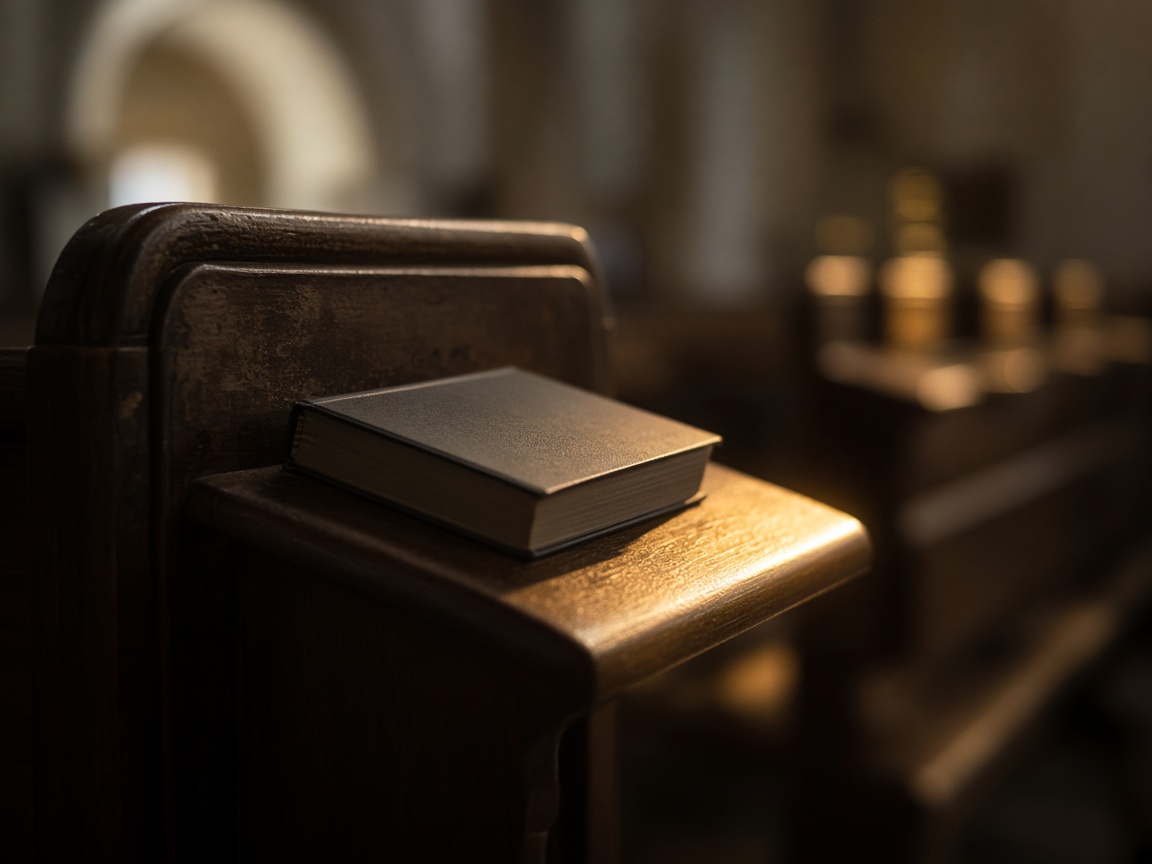Pew end and a closed book in warm light
